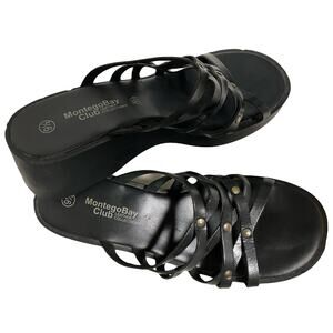 Y2K Montego Bay Club Sandal 9.5 Black Leather Strappy Chunky VTG Wedge Platform